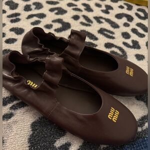 Miu Miu Ruches Nappa Brown Leather Ballet Flats Size 37